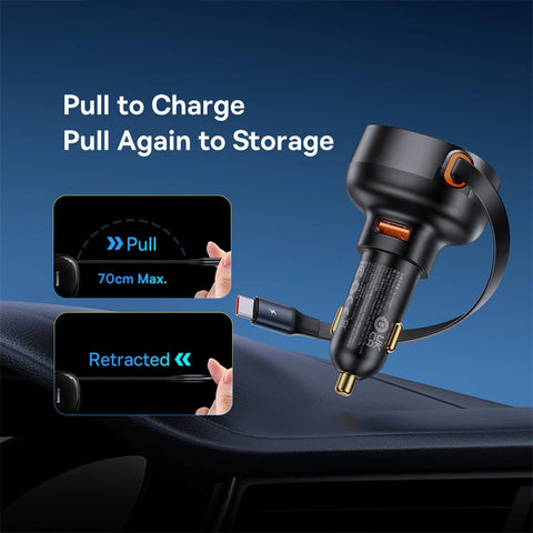 Baseus 60W Fast Car Charger with Retractable Cable & Dual Ports for iPhone 16/15/14/13 Pro and Samsung