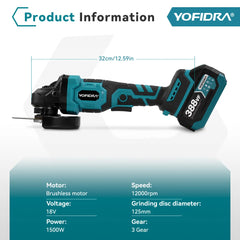 YOFIDRA 2-in-1 125mm Brushless Angle Grinder – 3-Speed Woodworking Polisher & Cutter for Makita Battery Pin