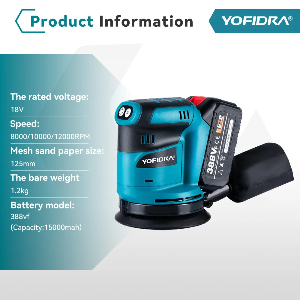 YOFIDRA 125mm Cordless Electric Orbital Sander – Woodworking Grinding & Polishing Tool for Makita Battery Pin