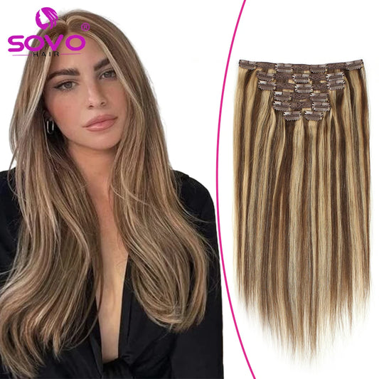 Clip In Human Hair Extensions - Light Brown Honey Ombre