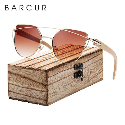 BARCUR Bamboe Cat-Eye Gepolariseerde Zonnebril – Luxe Metalen Montuur UV400 Dameszonnebril