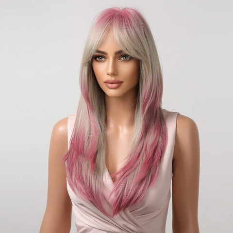 Gray Ash Blonde Pink Highlight Synthetic Hair Wigs with Bangs - Long Straight Ombre Cosplay Wig for Women