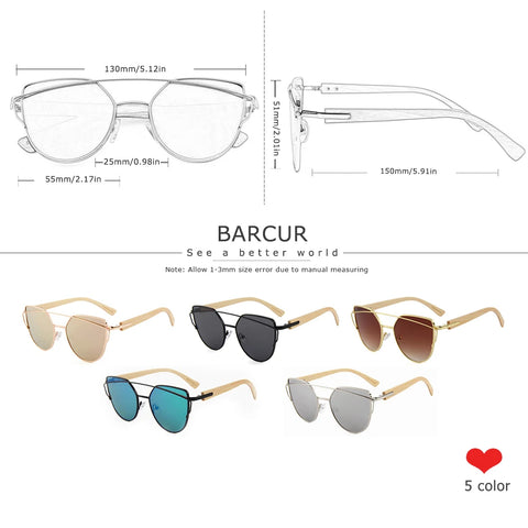 BARCUR Bamboe Cat-Eye Gepolariseerde Zonnebril – Luxe Metalen Montuur UV400 Dameszonnebril