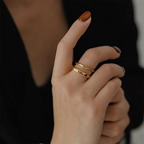 Trendy Irregular Wave Stainless Steel Ring for Women - Handmade Geometric Couple Jewelry