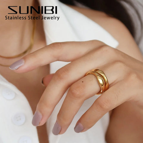 Trendy Irregular Wave Stainless Steel Ring for Women - Handmade Geometric Couple Jewelry