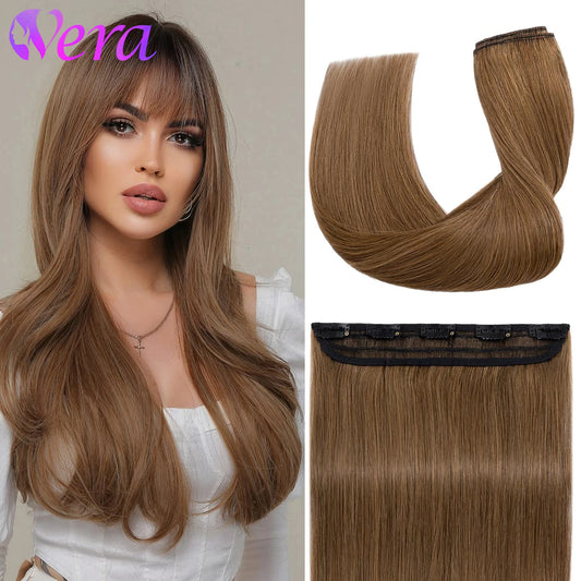 One-Piece Full Head Clip In Human Hair Extensions - Light Brown Straight