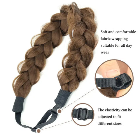 Synthetic 16-Inch Black Braided Headband with Elastic Band for Women