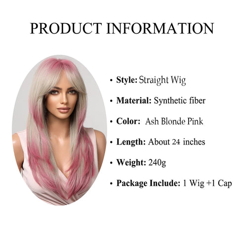 Gray Ash Blonde Pink Highlight Synthetic Hair Wigs with Bangs - Long Straight Ombre Cosplay Wig for Women