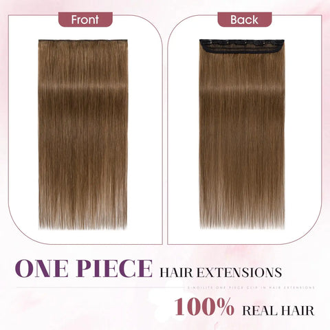 One-Piece Full Head Clip In Human Hair Extensions - Light Brown Straight