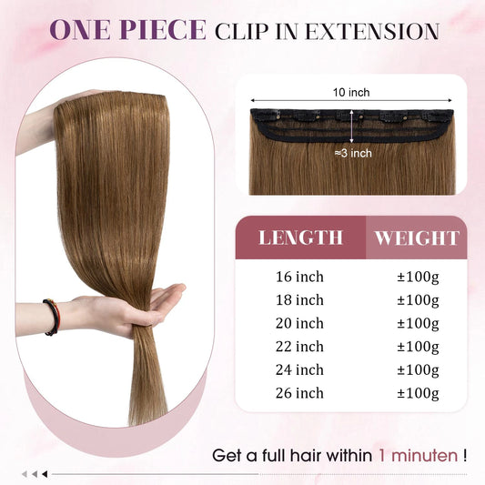 One-Piece Full Head Clip In Human Hair Extensions - Light Brown Straight