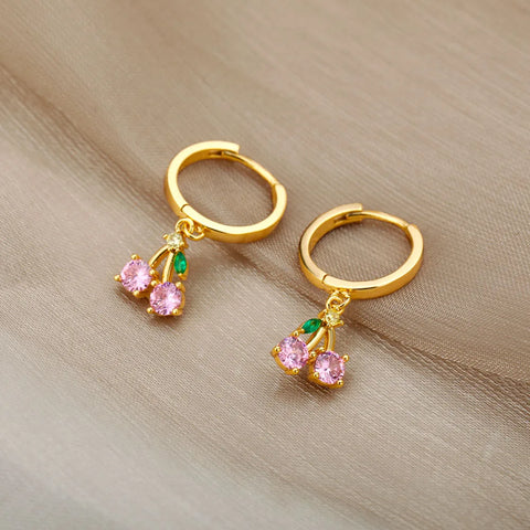 Crystal Fruit Cherry Drop Earrings for Women - Stainless Steel Pink Cherry Earrings - Boho Fairy Fashion Jewelry Gift