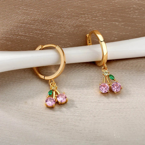 Crystal Fruit Cherry Drop Earrings for Women - Stainless Steel Pink Cherry Earrings - Boho Fairy Fashion Jewelry Gift