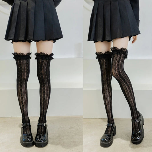 Women’s Lolita Fishnet Thigh High Socks - Japanese Style Heart Striped Lace Patterned Over Knee Long Stockings