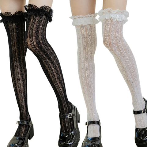 Women’s Lolita Fishnet Thigh High Socks - Japanese Style Heart Striped Lace Patterned Over Knee Long Stockings