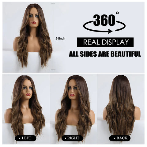 EASIHAIR Long Brown Ombre Synthetic Wigs for Women - Natural Wavy Cosplay Wig