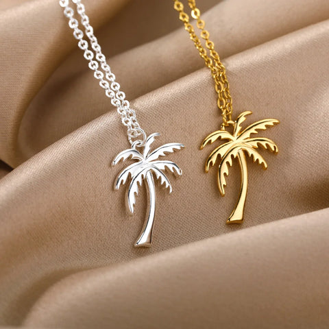 Coconut Palm Tree Necklace for Women – Dainty Stainless Steel Palm Necklace – Bohemian Jewelry for Summer Ocean Beach Accessories