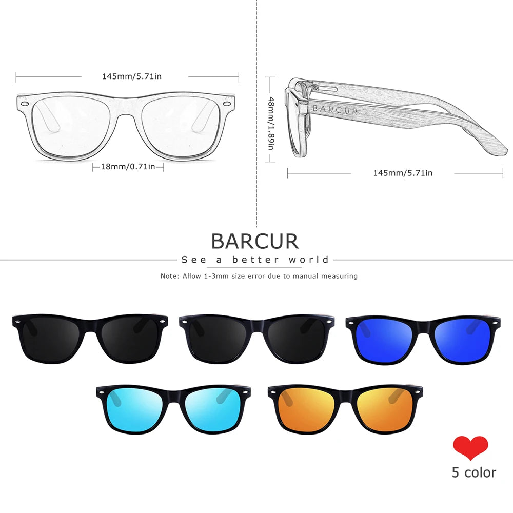 BARCUR Black Walnut Polarized Sunglasses – UV400 Wooden Unisex Shades with Original Box