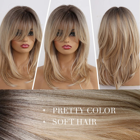 EASIHAIR Ombre Brown Blonde Wigs with Bangs - Layered Heat Resistant Synthetic Wig for Women