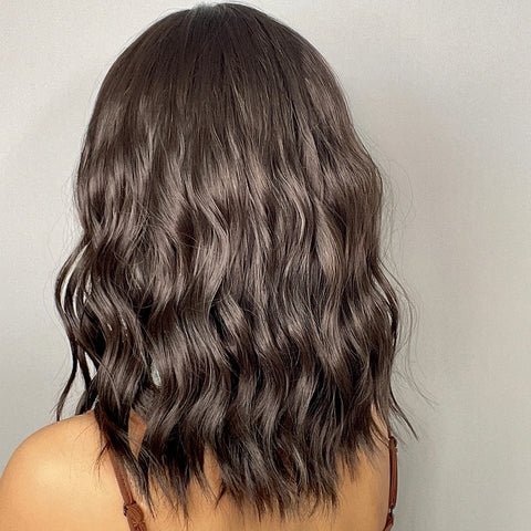 EASIHAIR Dark Brown Wavy Bob Wig with Bangs - Synthetic Heat Resistant Medium Length Wig for Women