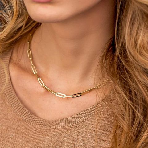 eManco Hot Fashion Paperclip Link Chain Necklace - Stainless Steel Gold Color for Women and Men