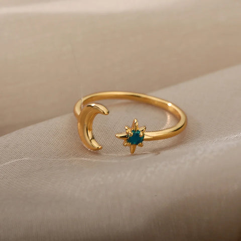 Zircon Moon Star Rings for Women - Stainless Steel Adjustable Aesthetic Jewelry