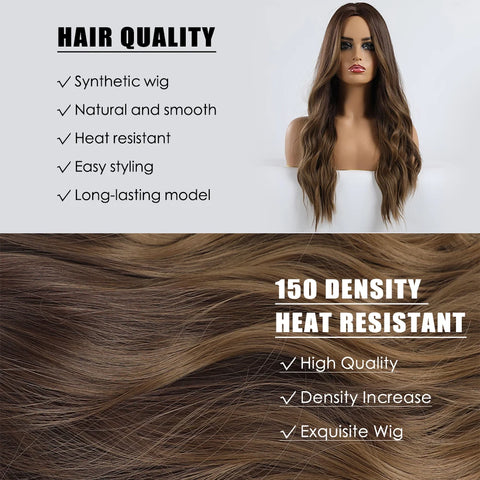 EASIHAIR Long Brown Ombre Synthetic Wigs for Women - Natural Wavy Cosplay Wig