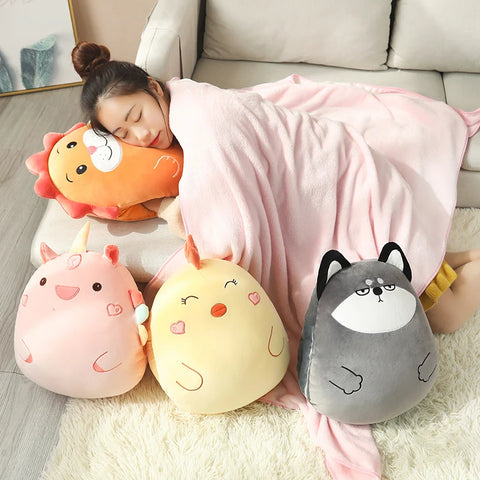Bear, Lion, Rabbit & Unicorn Plush Pillow with Blanket – Soft Cartoon Animal Handwarmer Toy