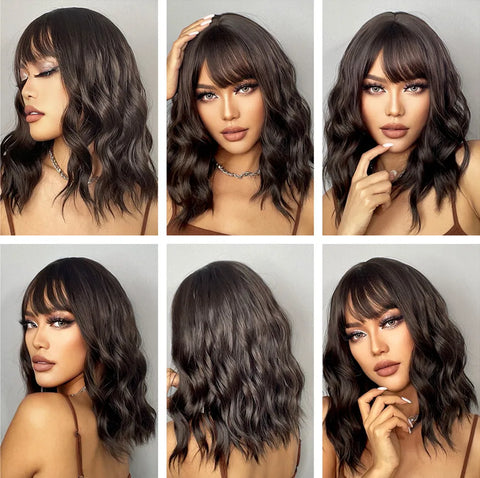 EASIHAIR Dark Brown Wavy Bob Wig with Bangs - Synthetic Heat Resistant Medium Length Wig for Women