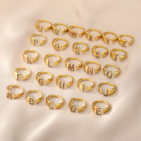 Rainbow Zircon Letter Rings - Stylish A-Z Chunky Wide Stainless Steel Jewelry for Women