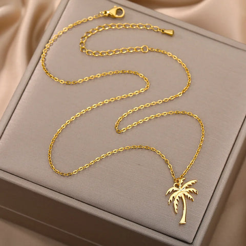 Coconut Palm Tree Necklace for Women – Dainty Stainless Steel Palm Necklace – Bohemian Jewelry for Summer Ocean Beach Accessories
