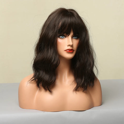EASIHAIR Dark Brown Wavy Bob Wig with Bangs - Synthetic Heat Resistant Medium Length Wig for Women