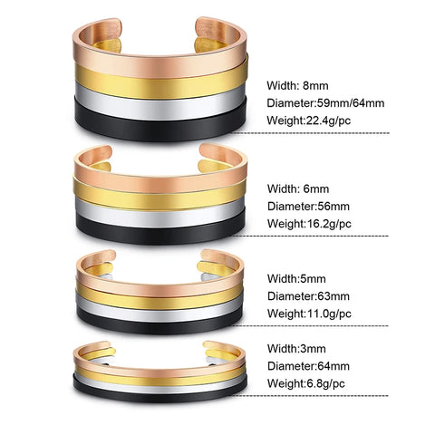 Stylish 3-10MM Cuff Bracelets for Men & Women - Gold, Silver, Black Stainless Steel Bangles