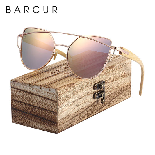 BARCUR Bamboe Cat-Eye Gepolariseerde Zonnebril – Luxe Metalen Montuur UV400 Dameszonnebril met Geschenkdoos