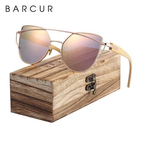 BARCUR Bamboo Cat-Eye Polarisierte Sonnenbrille – Luxuriöse Damen-Sonnenbrille mit Metallrahmen und UV400-Schutz, inklusive Geschenkbox