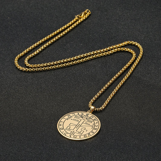 Skyrim Brave Warrior Talisman Pendant Necklace - Solomon Amulet in Stainless Steel with Golden Chain