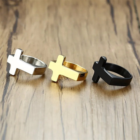 Punk Men Cross Shaped Ring – Stylish Waterproof Stainless Steel Ring in Silver, Black, and Gold Colors