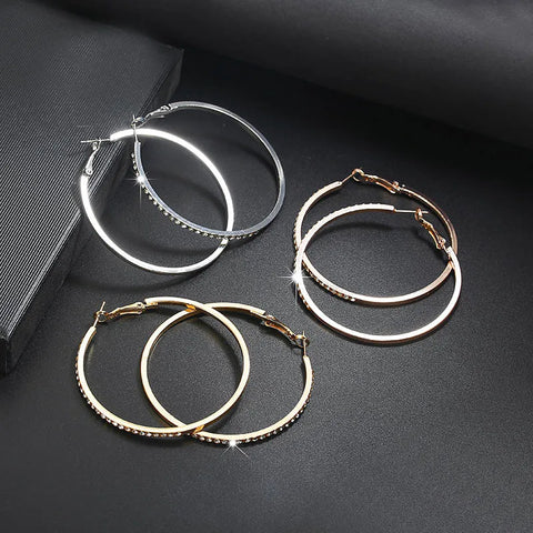 Fashion Hoop Earrings with Rhinestone - Big Circle Gold Color Loop Earrings for Women