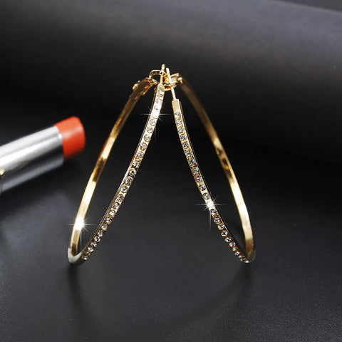 Fashion Hoop Earrings with Rhinestone - Big Circle Gold Color Loop Earrings for Women