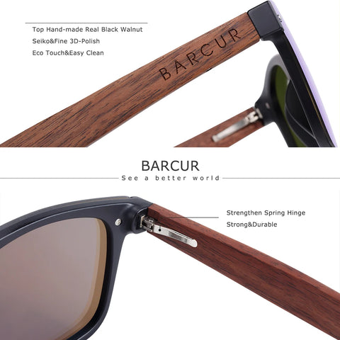 BARCUR Zwarte Walnoot Houten Zonnebril – Gepolariseerd UV400 Unisex
