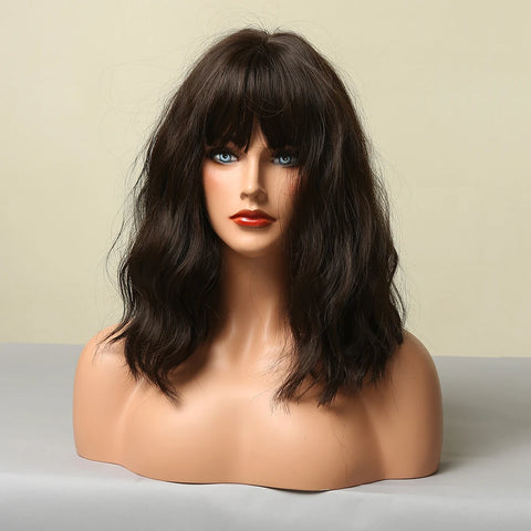 EASIHAIR Dark Brown Wavy Bob Wig with Bangs - Synthetic Heat Resistant Medium Length Wig for Women