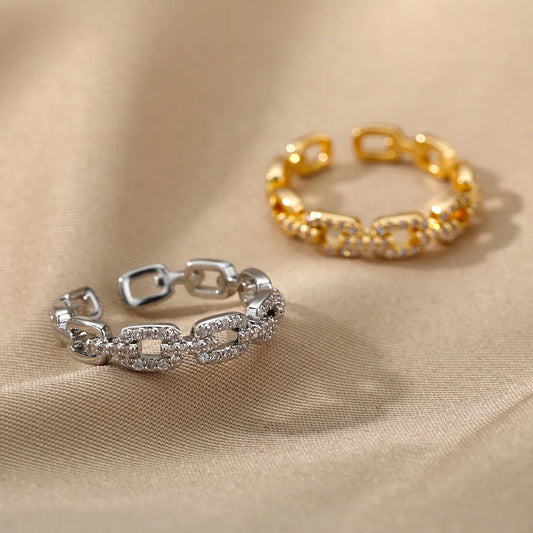 Classic Twist Chain Open Rings for Women - Zircon Stainless Steel Geometric Couple Ring