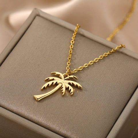 Coconut Palm Tree Necklace for Women – Dainty Stainless Steel Palm Necklace – Bohemian Jewelry for Summer Ocean Beach Accessories