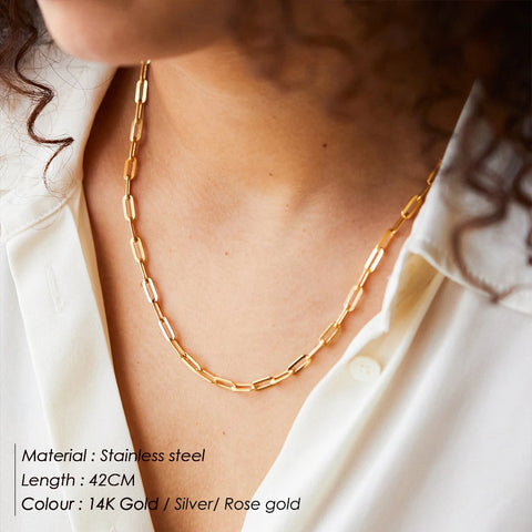 eManco Hot Fashion Paperclip Link Chain Necklace - Stainless Steel Gold Color for Women and Men
