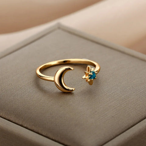 Zircon Moon Star Rings for Women - Stainless Steel Adjustable Aesthetic Jewelry