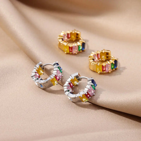 Colored Rainbow Zircon Earrings for Women - Mini Stainless Steel Geometric Circle Jewelry for Weddings and Parties