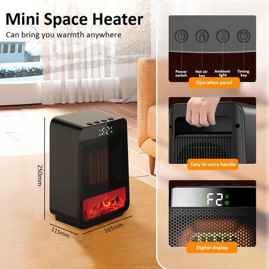 Portable 1000W Space Heater with 3D Flame – Ideal for Home and Office
