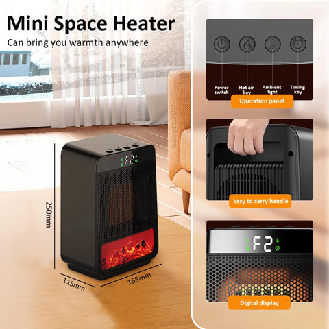 Portable 1000W Space Heater with 3D Flame – Ideal for Home and Office