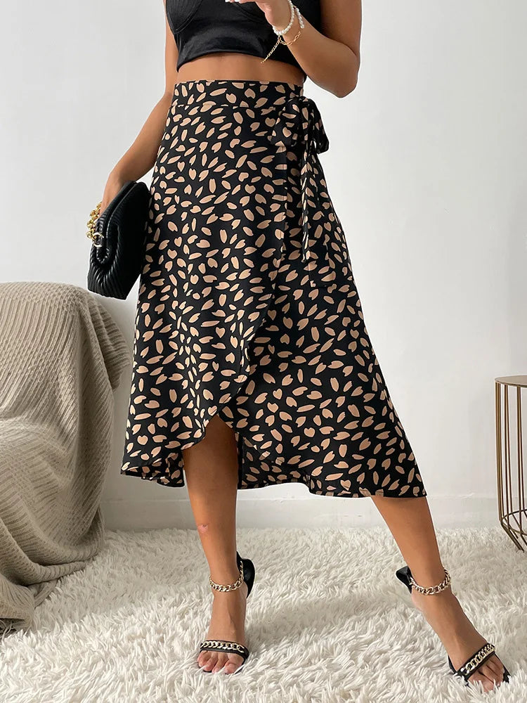 Benuynffy Boho Women Casual Print Tie Side Wrap Skirt - Elegant High Waist Summer Asymmetrical A-Line Skirt