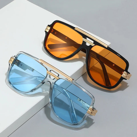 SHAUNA Retro Dubbele Brug Vierkante Zonnebril – Oranje &amp; Blauwe UV400 Unisex Designer Zonnebrillen