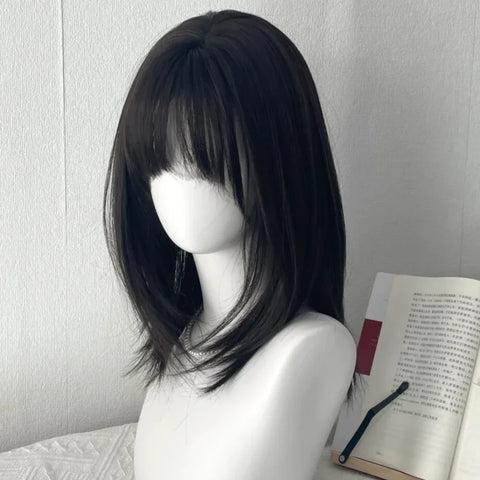 Y2K Black Medium Long Straight Hair Wig